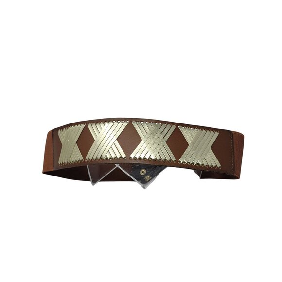 Vtg Express Western Wide Brown Leather Stretch Waist Belt Sz S/M Gold Weave - Picture 1 of 8